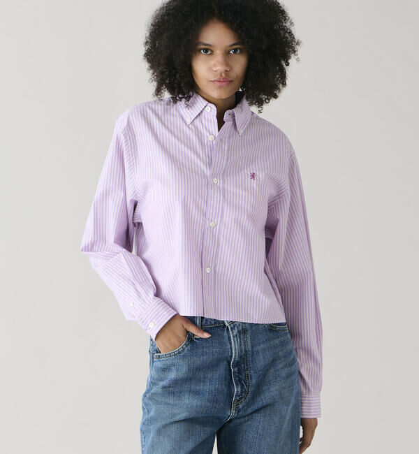 GYMPHLEX「Gymphlex | タイプライター ショートボタンダウンシャツ STRIPE WOMEN」|シャツ・ブラウス|PURPLE系1