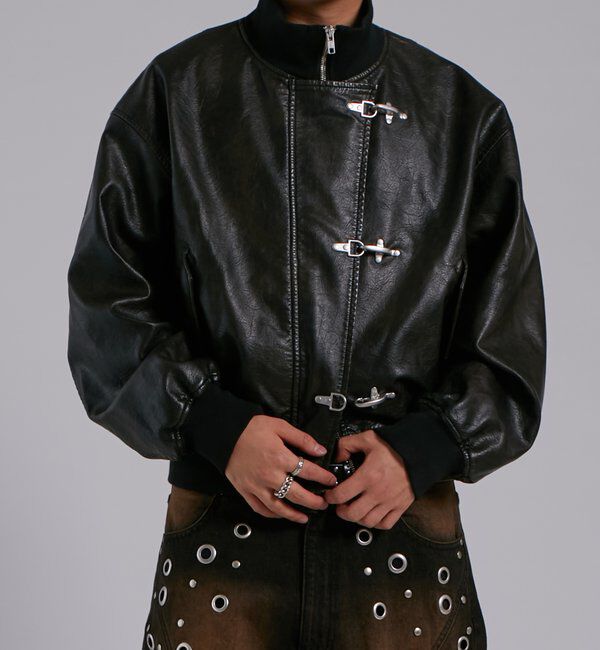  「ヴィンテージライクレザーファイヤーマンブルゾン」|ブルゾン・スタジャン|ブラック