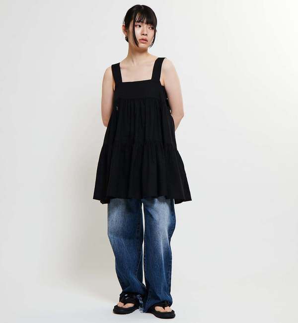 Soffitto「《コラボ》【Soffitto&times;TINDA】ティアード切替チュニック丈キャミソール」|キャミソール|ブラック