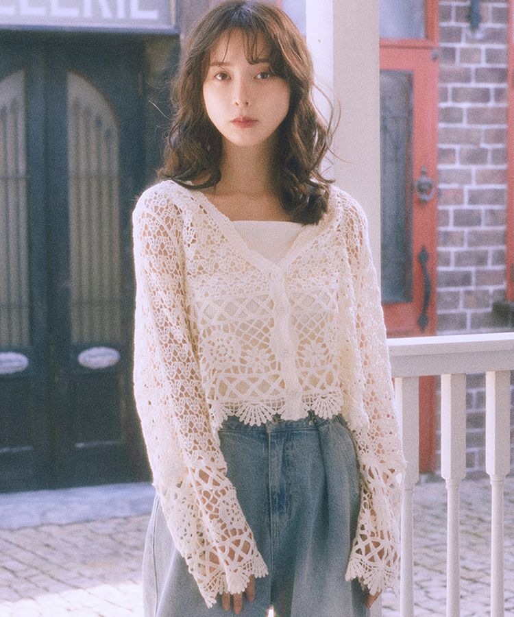 earth music&ecology「クロシェ風Vネックカーディガン」|カーディガン|