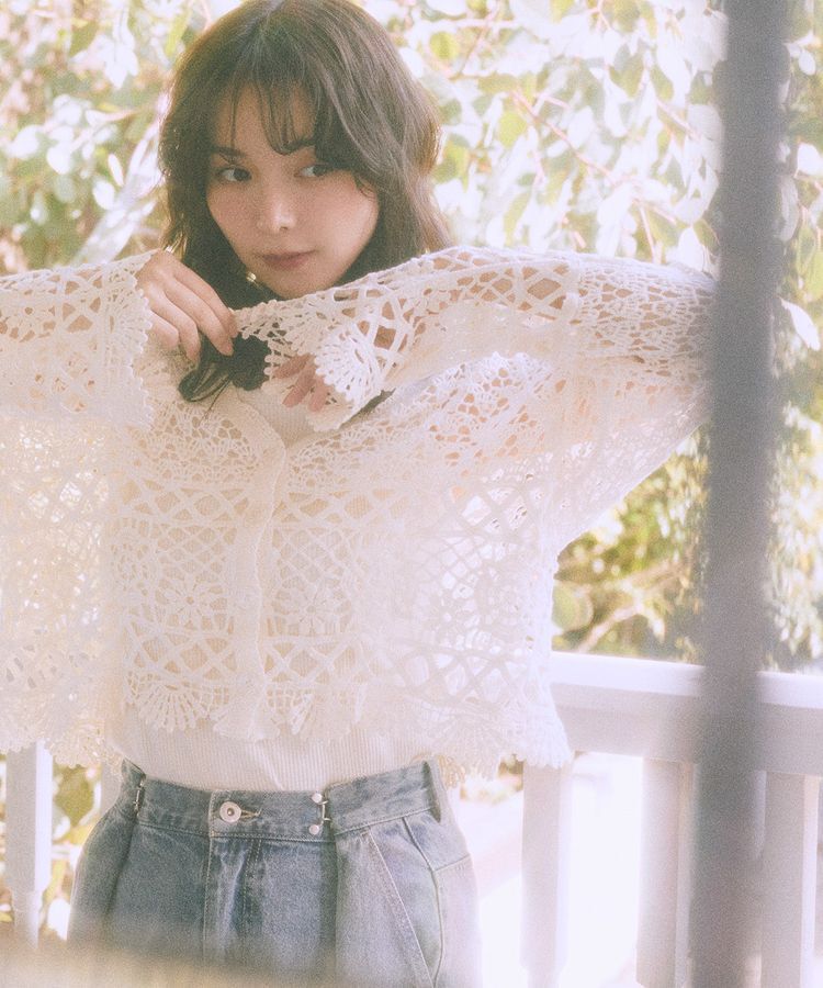 earth music&ecology「クロシェ風Vネックカーディガン」|カーディガン|