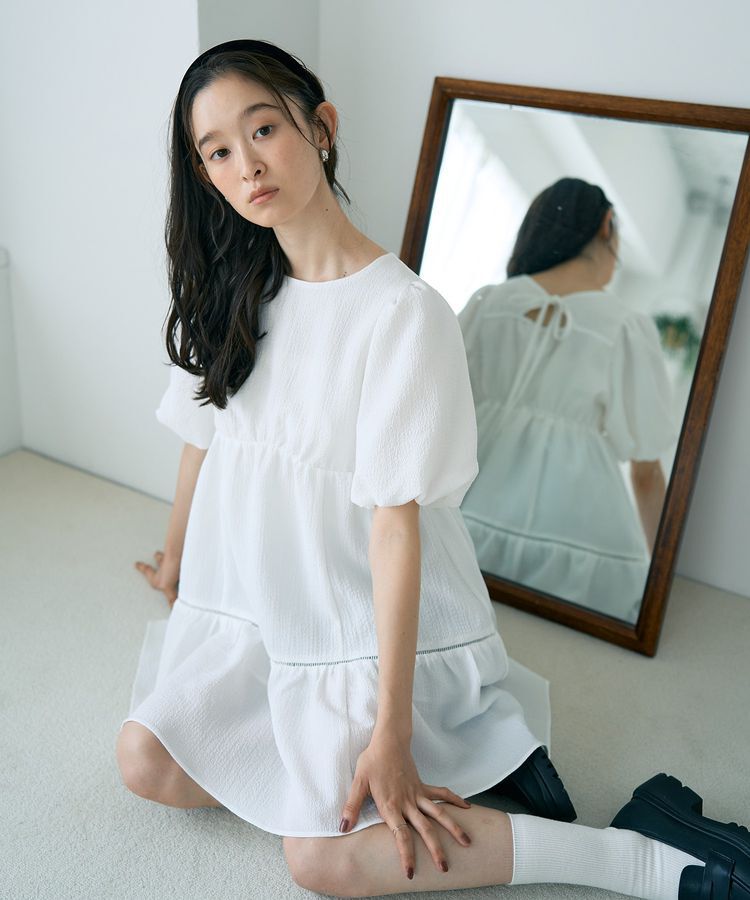 earth music&ecology「バックリボンパフスリーブミニワンピース」|ワンピース|