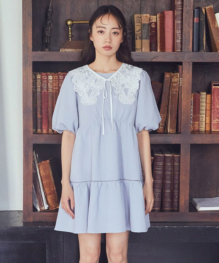 earth music&ecology「バックリボンパフスリーブミニワンピース」|ワンピース|グレイッシュブルー