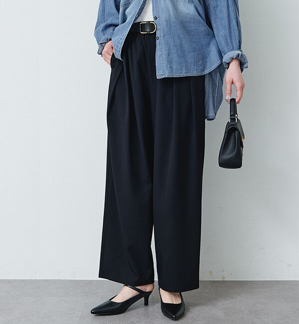  「【リニューアル】ツータックウエストゴムストレッチパンツ」|スラックス|ブラック