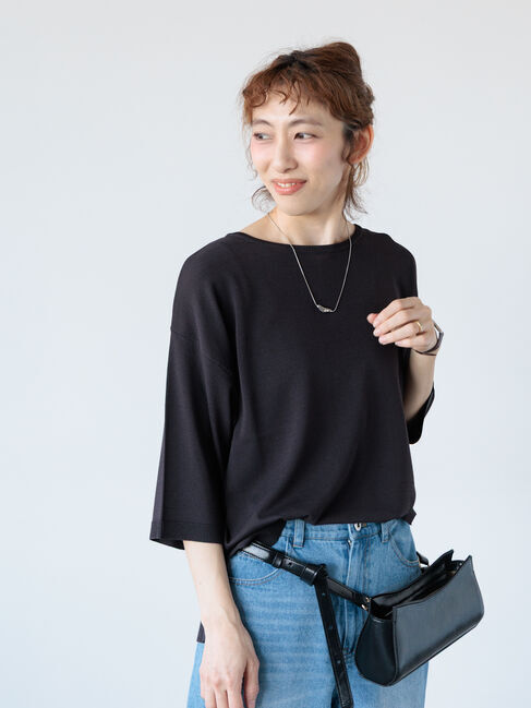 Lugnoncure「【接触冷感】無地/ボーダー7分袖ニット」|ニット・セーター|チャコールグレー