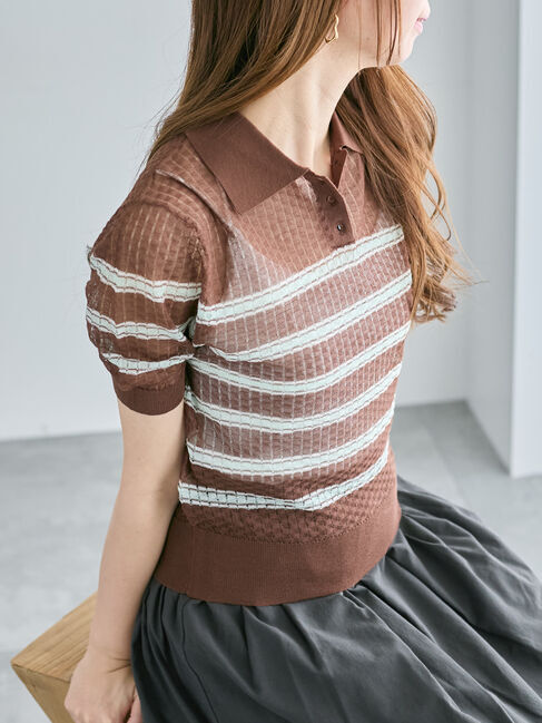 Te chichi「透かしマルチボーダーニットポロ」|ニット・セーター|