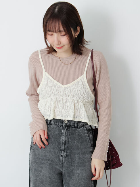 Te chichi TERRASSE「袖口釦クルーネックリブニット」|ニット・セーター|ベージュ