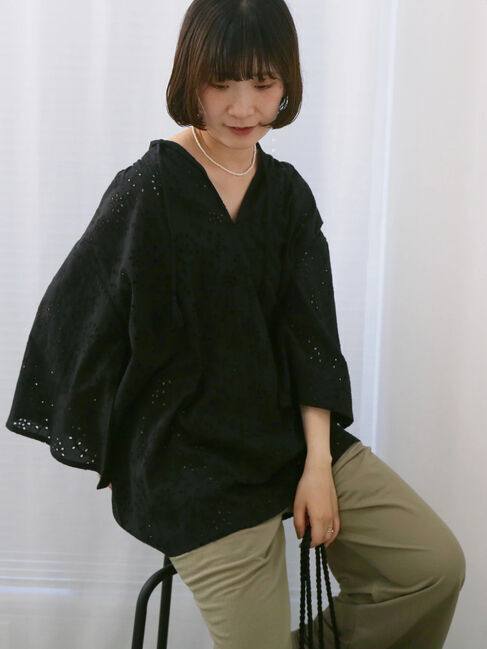 Samansa Mos2 blue「【Made in India】タッセル付ギャザーレースブラウス」|シャツ・ブラウス|