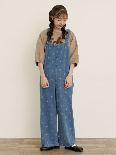 Samansa Mos2「刺繍デニム/ヒッコリーサロペットパンツ」|その他|ブルー