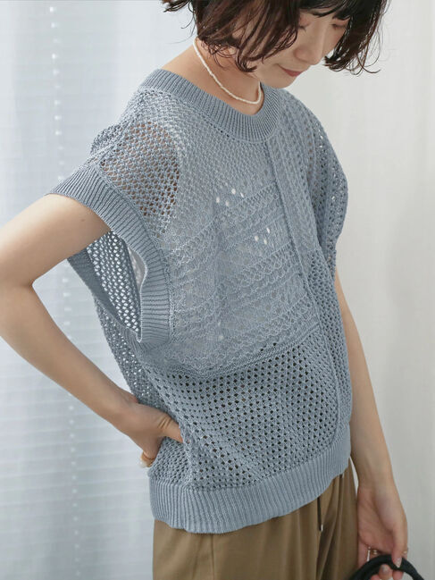 Samansa Mos2 blue「麻タッチパッチワークニットベスト」|ニット・セーター|