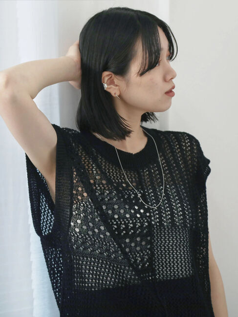 Samansa Mos2 blue「麻タッチパッチワークニットベスト」|ニット・セーター|