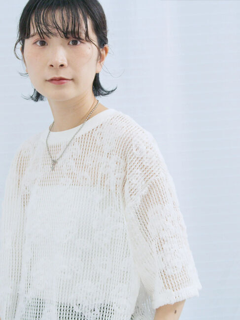 Samansa Mos2 blue「チュールフラワーコードTシャツ」|Tシャツ・カットソー|オフホワイト