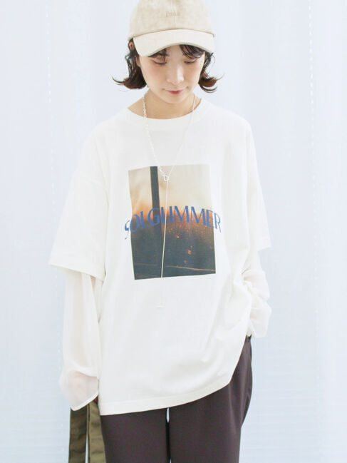 Samansa Mos2 blue「袖シフォンレイヤードプルオーバー」|Tシャツ・カットソー|オフホワイト