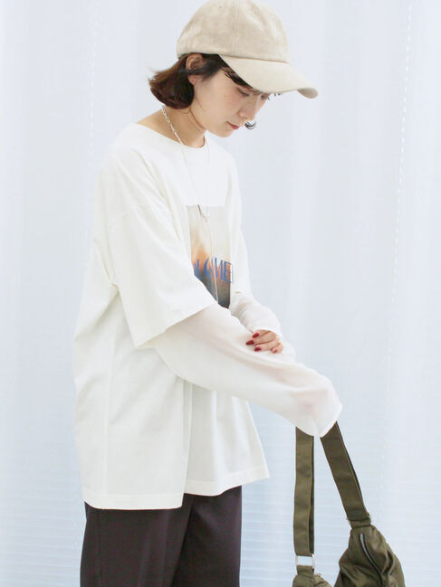 Samansa Mos2 blue「袖シフォンレイヤードプルオーバー」|Tシャツ・カットソー|