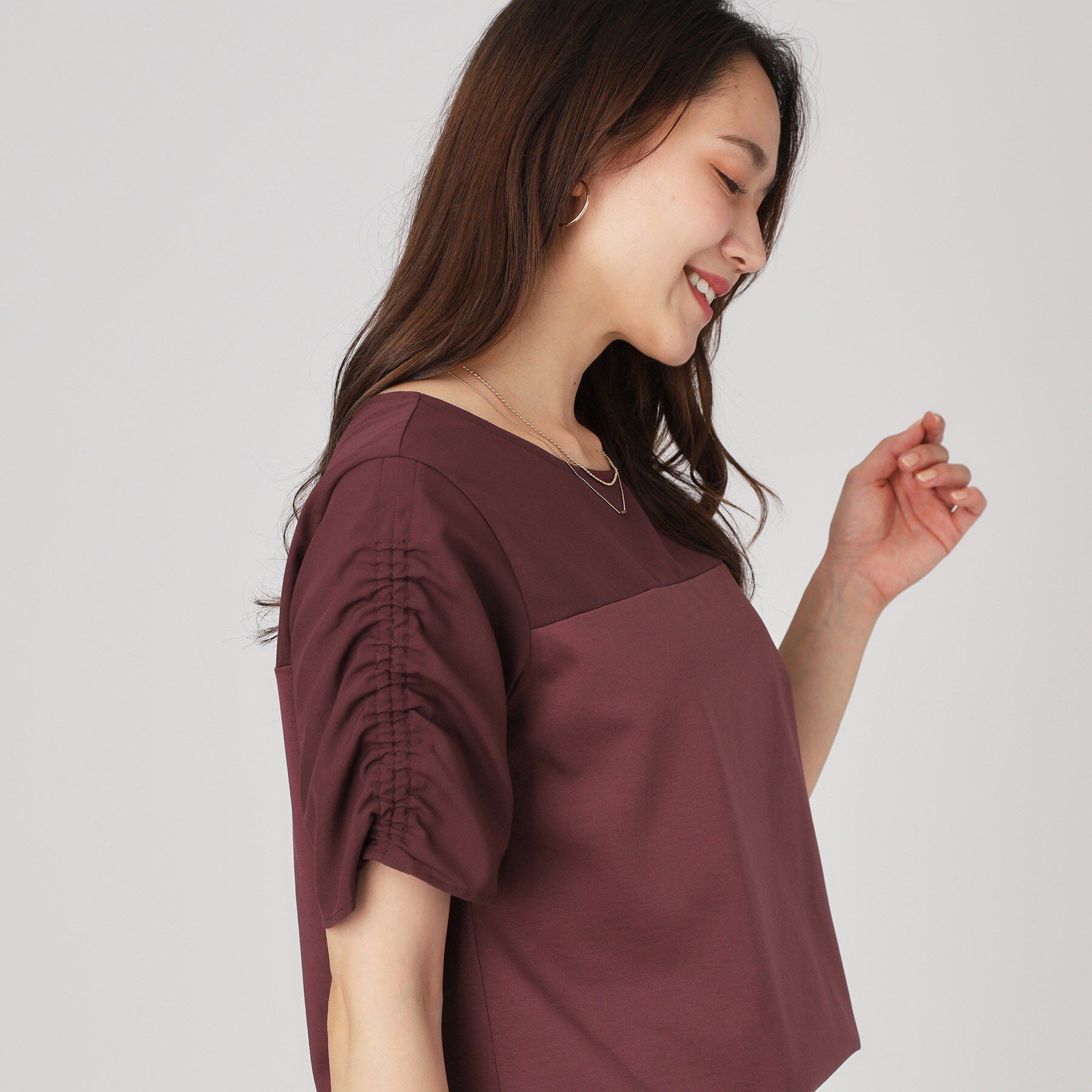 COUP DE CHANCE「【手洗い可／日本製】異素材組合せのジャージトップス」|Tシャツ・カットソー|ボルドー(564)