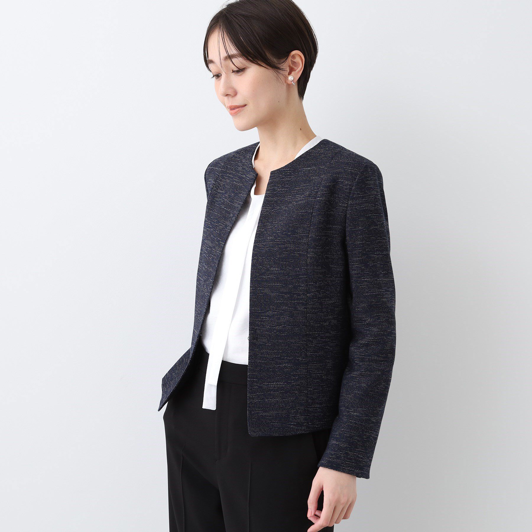 INDIVI「【洗える】ストレッチツィードジャケット」|ノーカラージャケット|