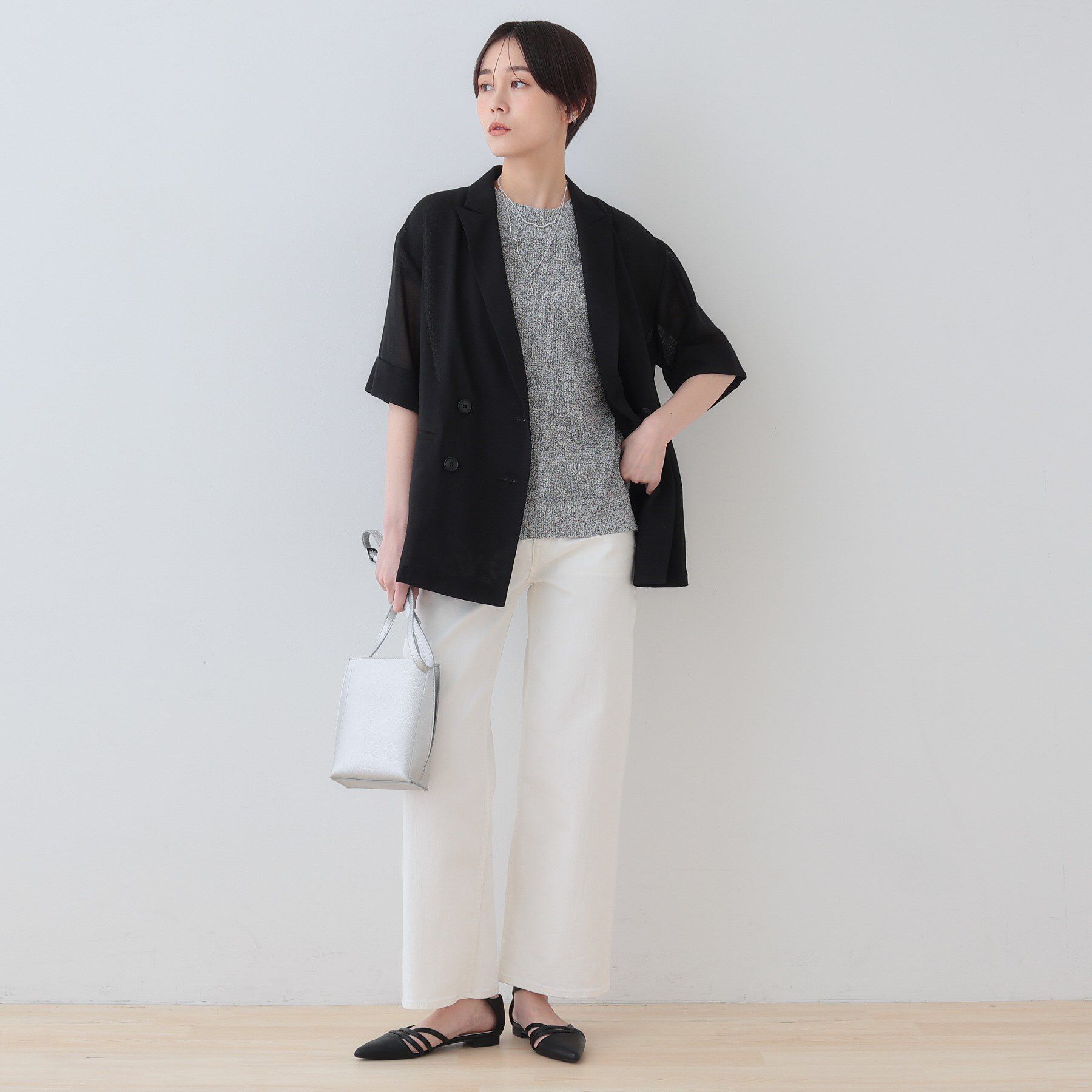 INDIVI「【洗える／メッシュ素材】リネンライク半袖ダブルジャケット」|テーラードジャケット|