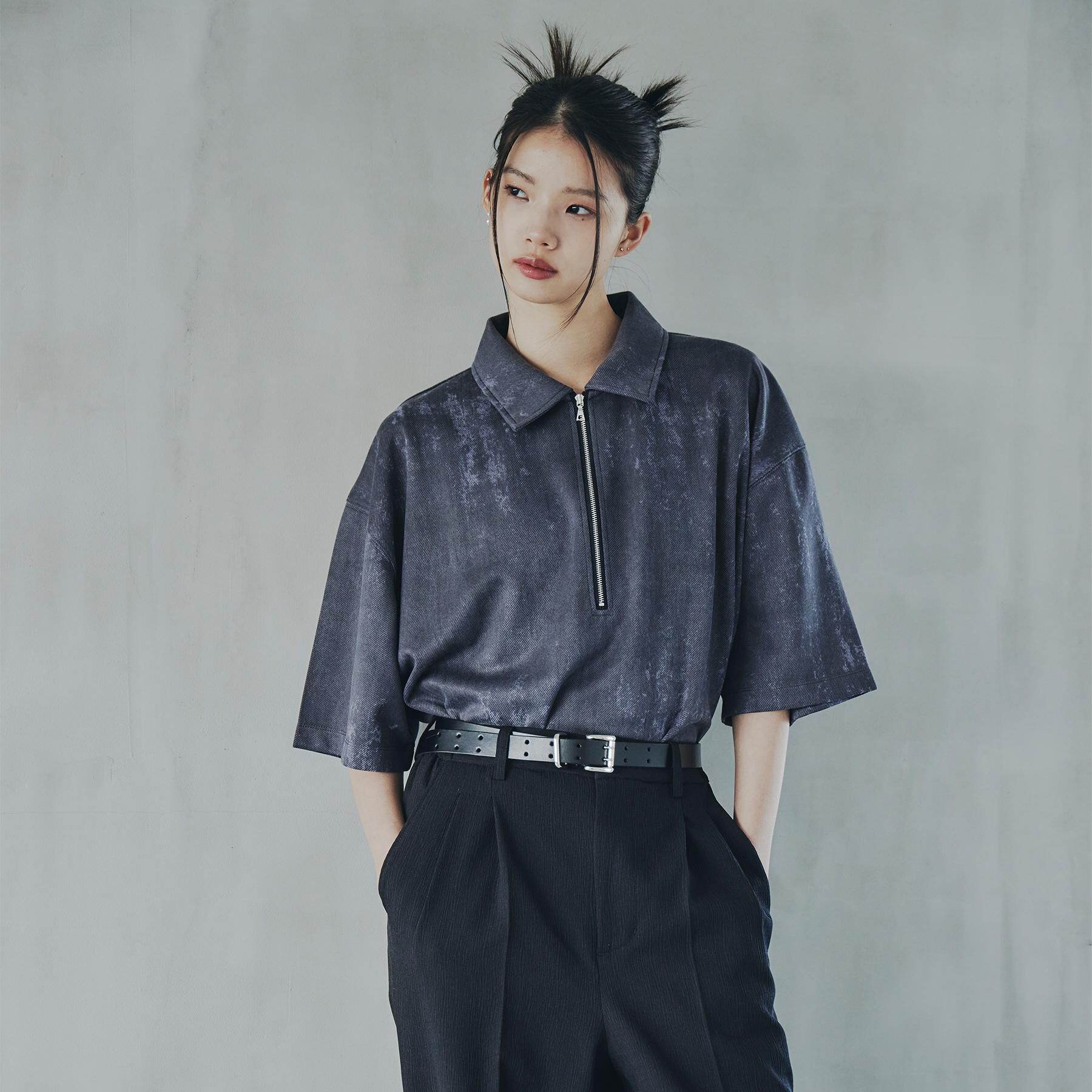 tk.TAKEO KIKUCHI「ヴィンテージライクハーフジップポロシャツ」|ポロシャツ|ブラック(019)