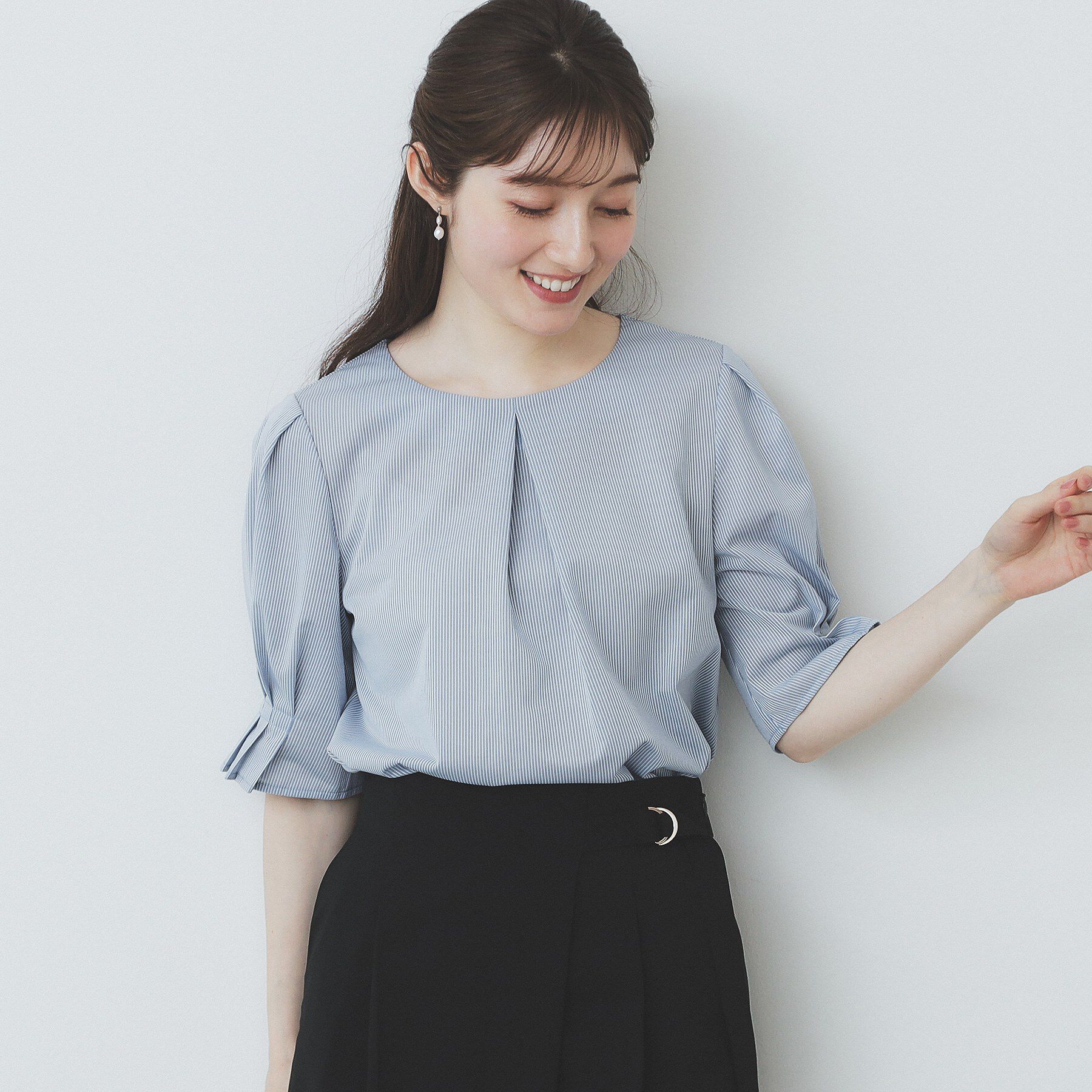 index「ストライプジャージタックスリーブトップス【吸水速乾/洗濯機洗い可】」|Tシャツ・カットソー|ブルー(391)