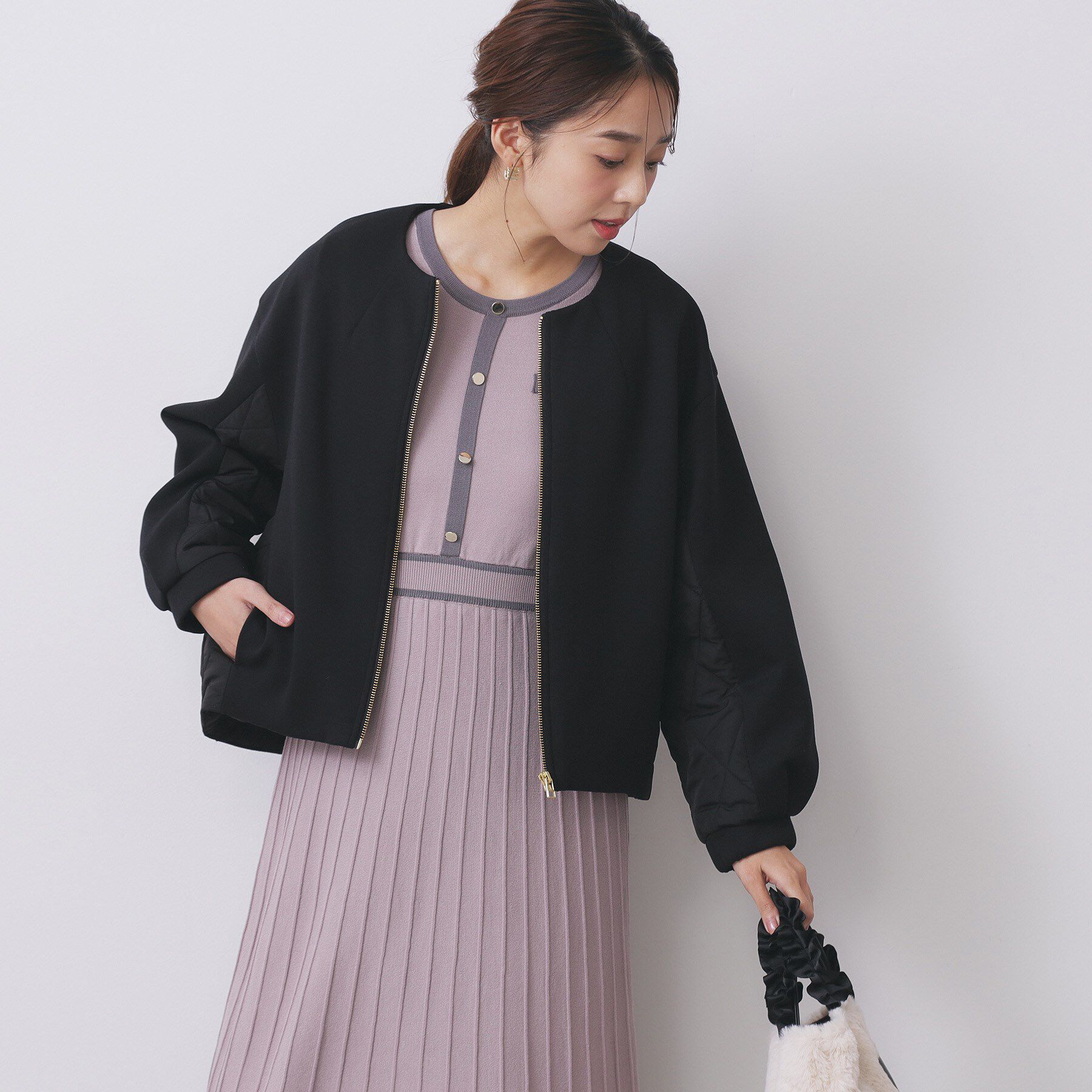 index「キルティング切替ノーカラーブルゾン【洗濯機OK】」|ブルゾン・スタジャン|ブラック(019)