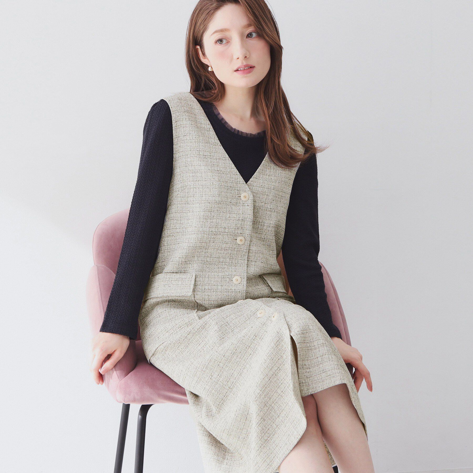 index「サマーツイード前開きジャンスカ【洗濯機OK/イージーアイロン】」|ワンピース|アイボリー(404)