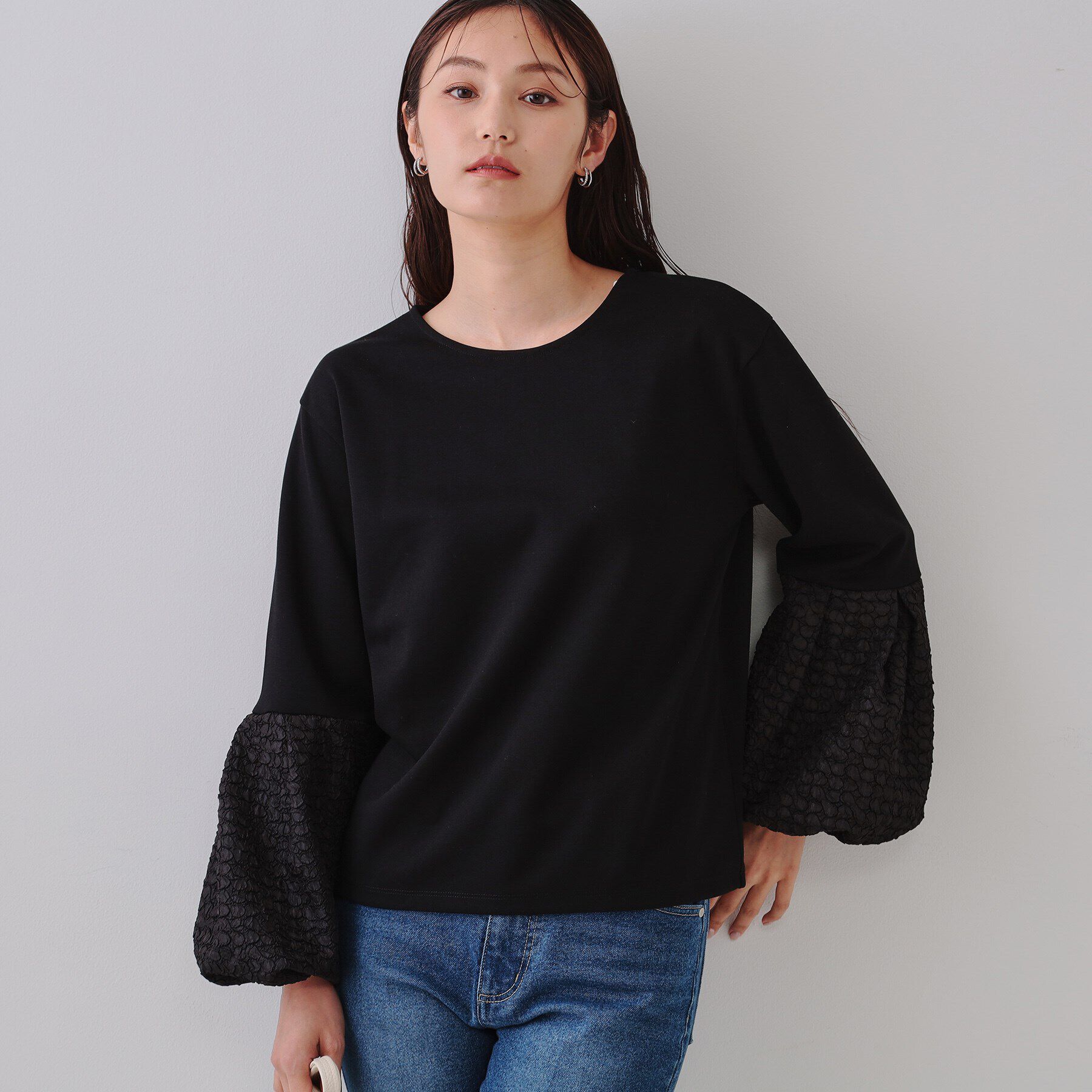 OPAQUE.CLIP「ジャカードバルーンスリーブトップス【洗濯機洗い可】」|Tシャツ・カットソー|ブラック(019)