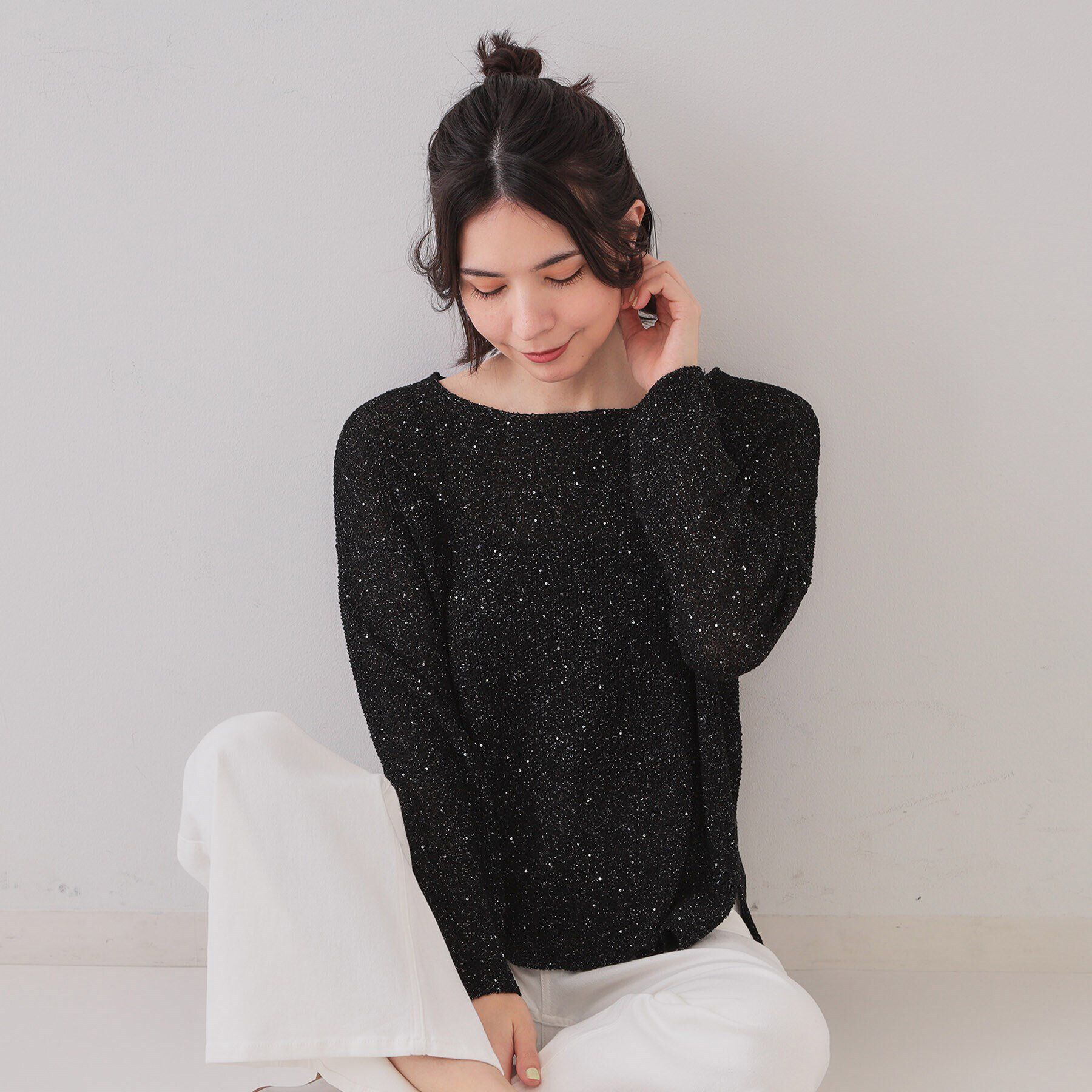 OPAQUE.CLIP「スパンコールボートネックニット【洗濯機洗い可】」|ニット・セーター|ブラック(619)