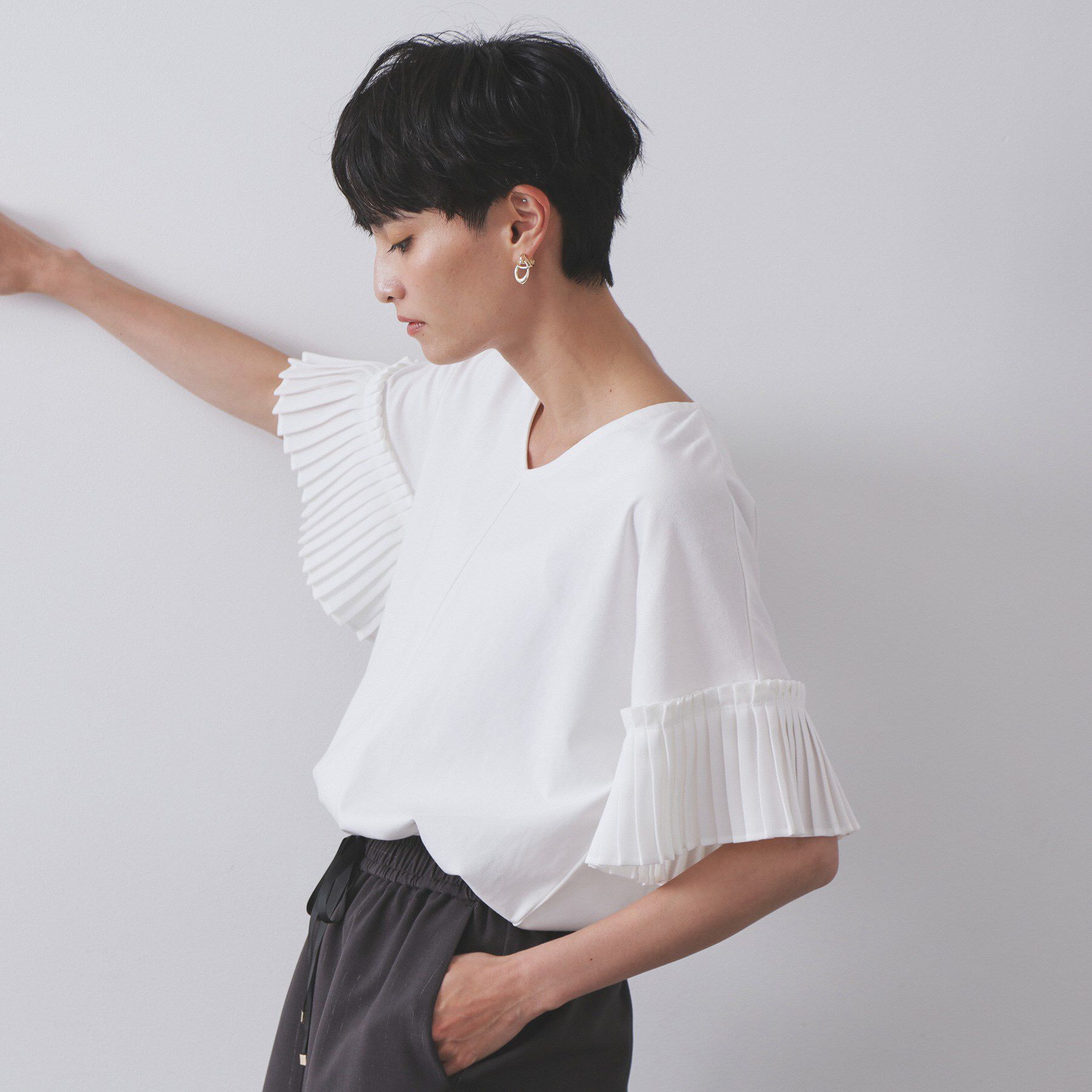 OPAQUE.CLIP「プリーツスリーブドッキングトップス【洗濯機洗い可】」|Tシャツ・カットソー|