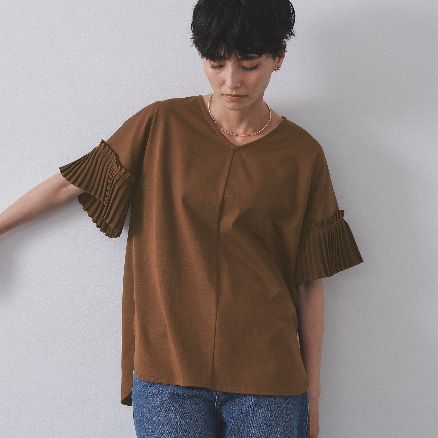 OPAQUE.CLIP「プリーツスリーブドッキングトップス【洗濯機洗い可】」|Tシャツ・カットソー|モカブラウン(042