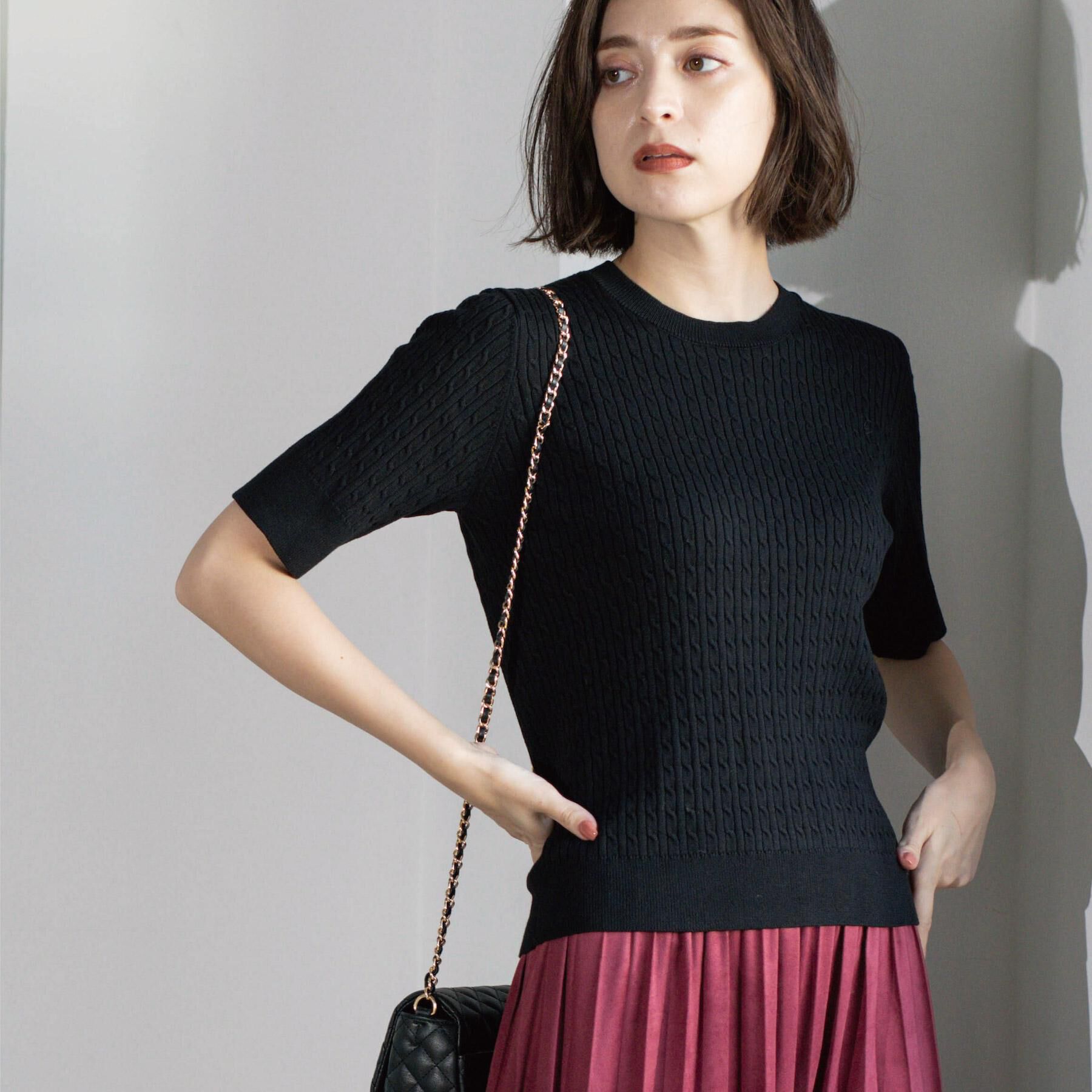 OPAQUE.CLIP「ケーブルハーフスリーブニット【UVケア/洗濯機OK】《6col/S～LL》」|ニット・セーター|ブラック(019)