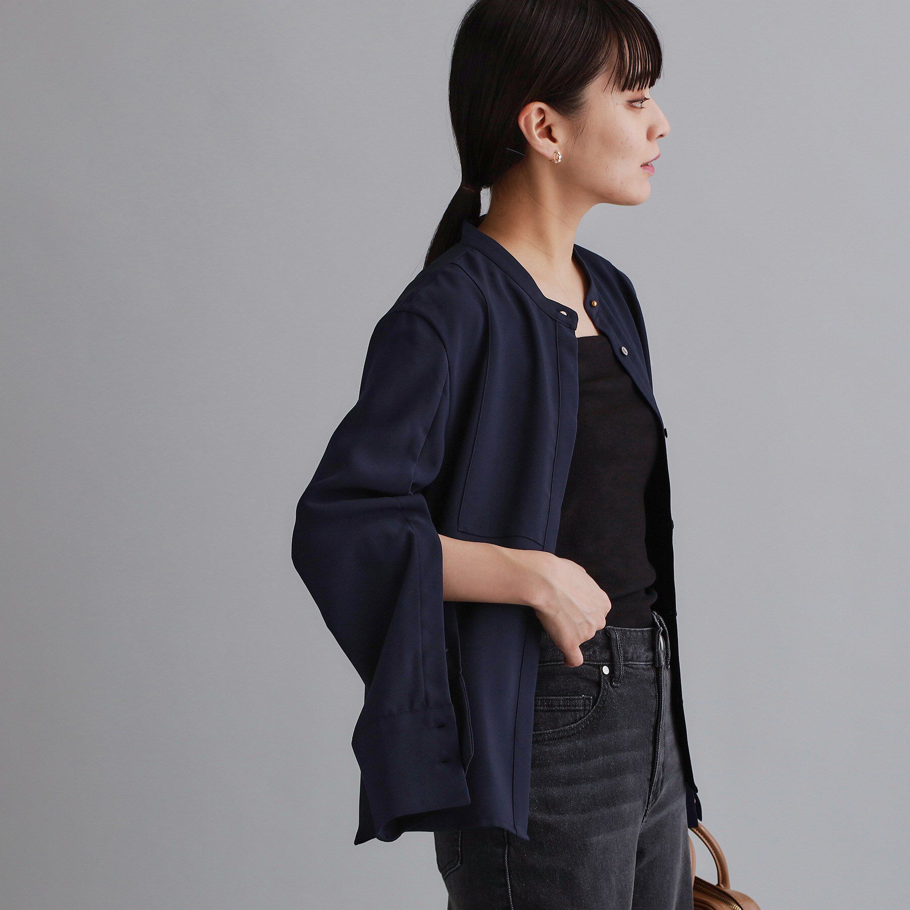 OPAQUE.CLIP「【es】ブザム切替バンドカラーシャツブラウス【洗濯機OK/防シワ/UVケア/接触冷感】」|シャツ・ブラウス|