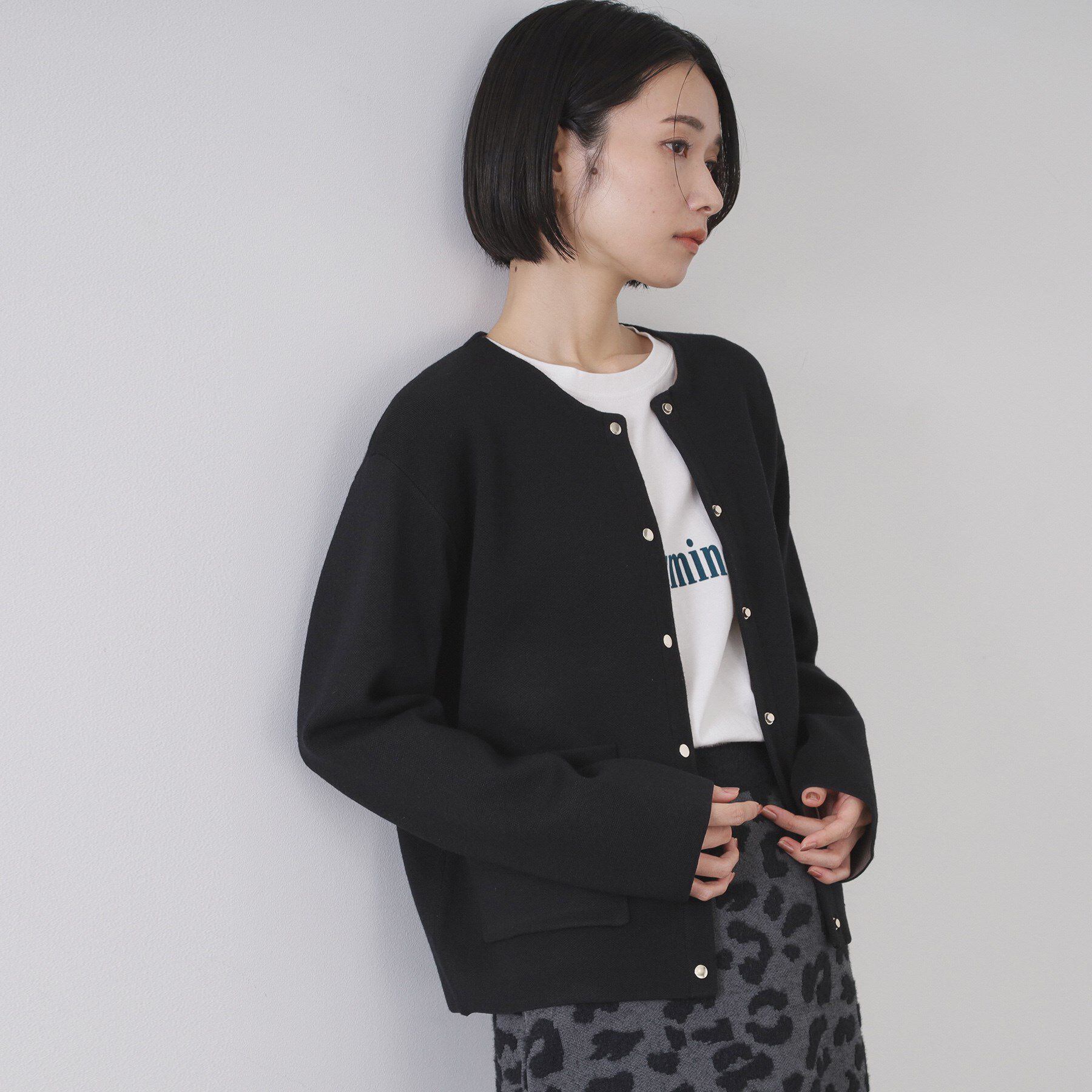 OPAQUE.CLIP「スナップボタン ダブルフェイス配色ニットカーディガン【洗濯機OK】」|カーディガン|ブラック(019)