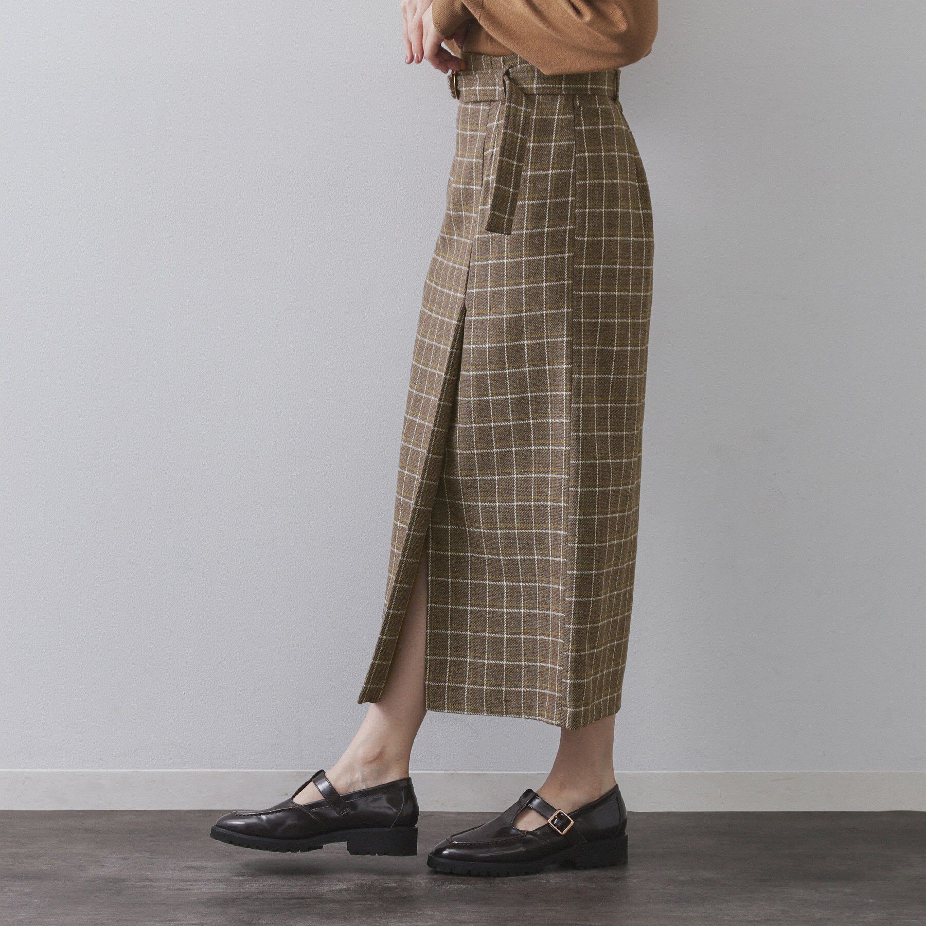 OPAQUE.CLIP「チェックツイード ラップ風ナロースカート【洗濯機OK】」|スカート|