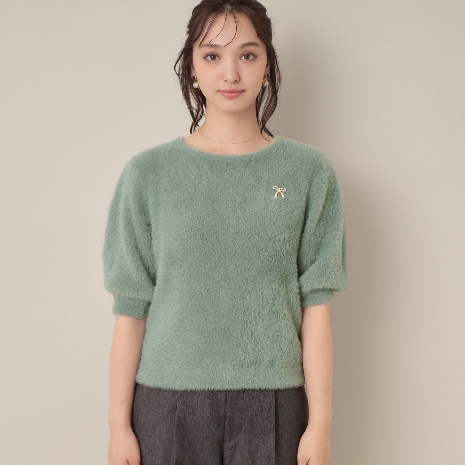 Couture broach「【着映え・5分袖・フェミニン】ラメフェザー半袖ニット」|ニット・セーター|