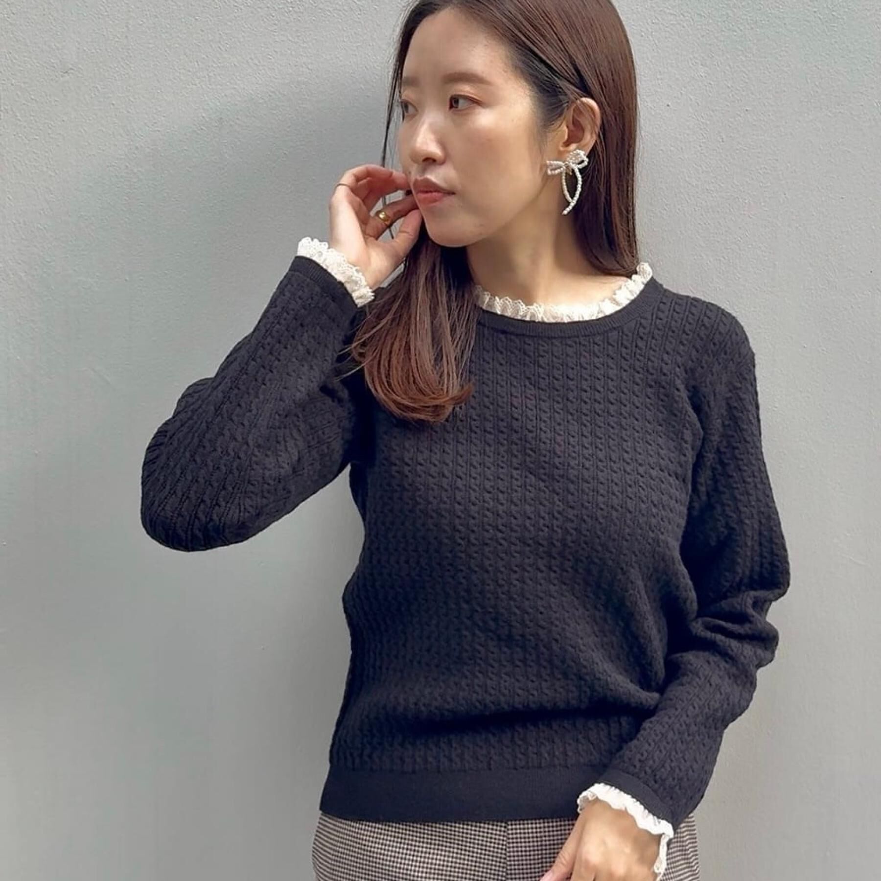 Couture broach「【大人上品・着映え】ケーブルレース バックリボンニット」|ニット・セーター|