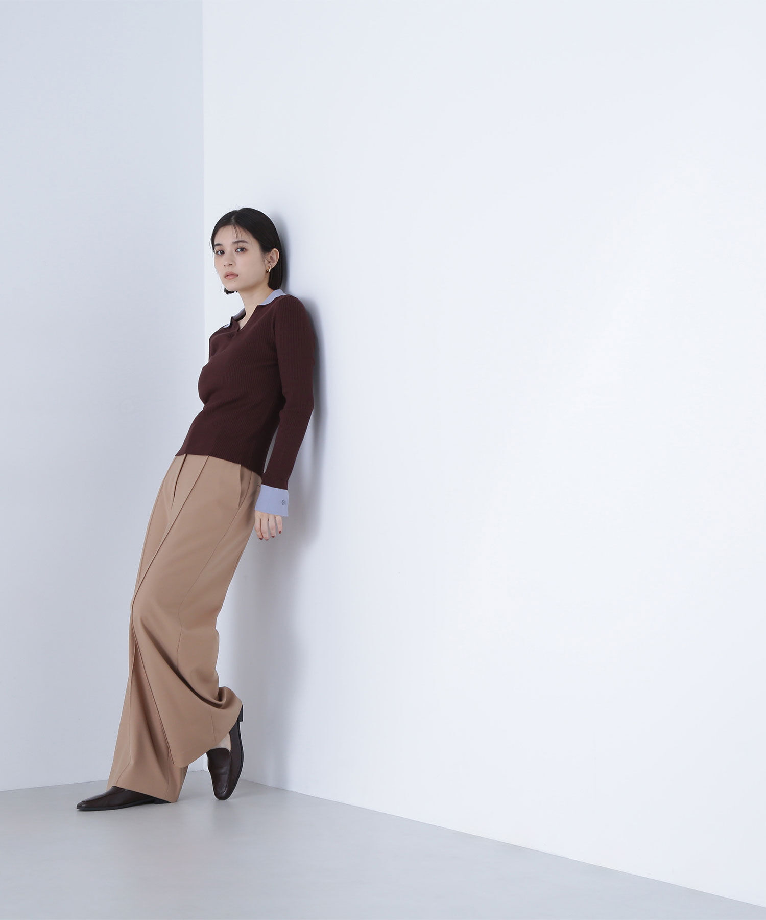  「ダブルカラーVネックリブニット」|ニット・セーター|