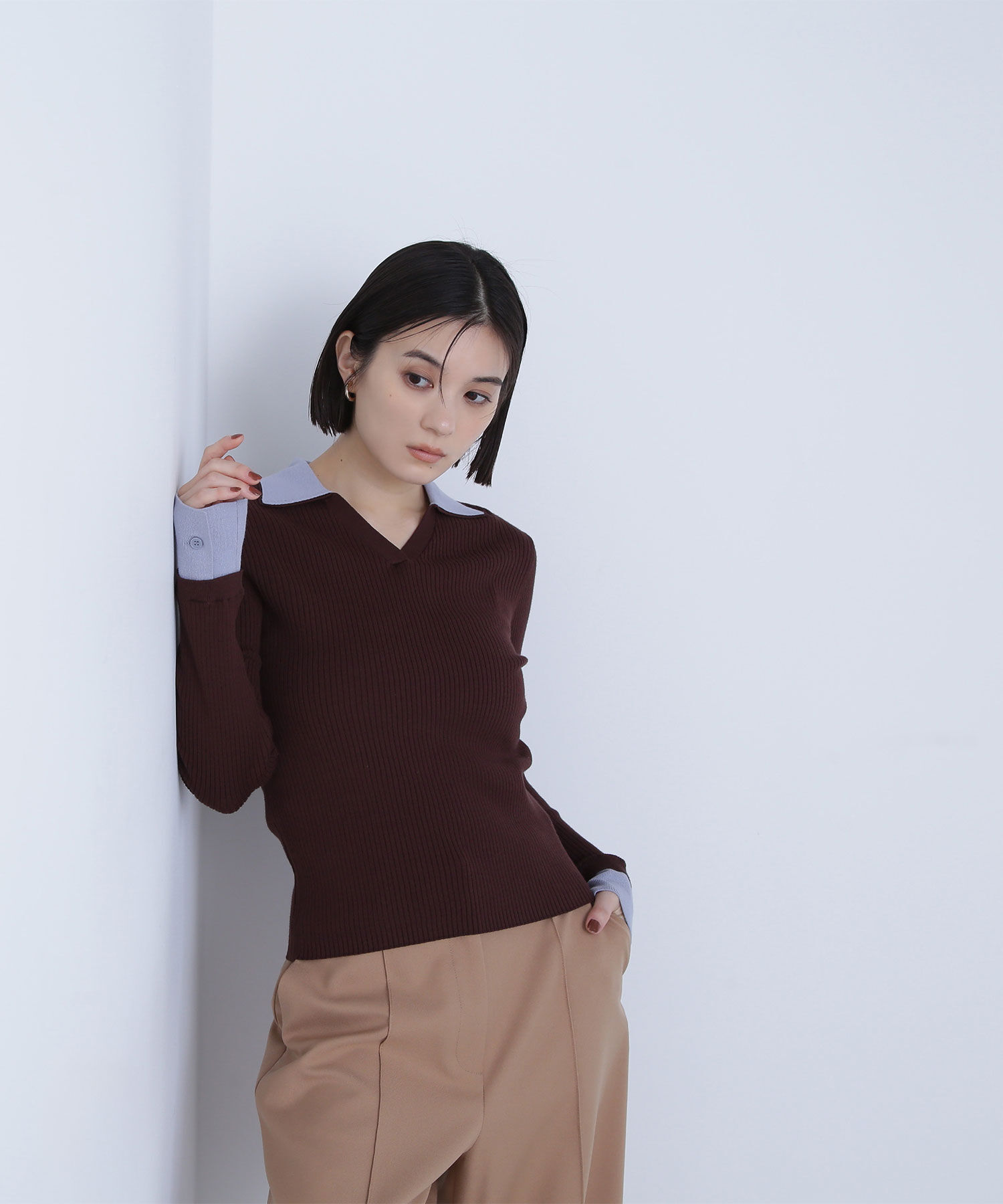  「ダブルカラーVネックリブニット」|ニット・セーター|