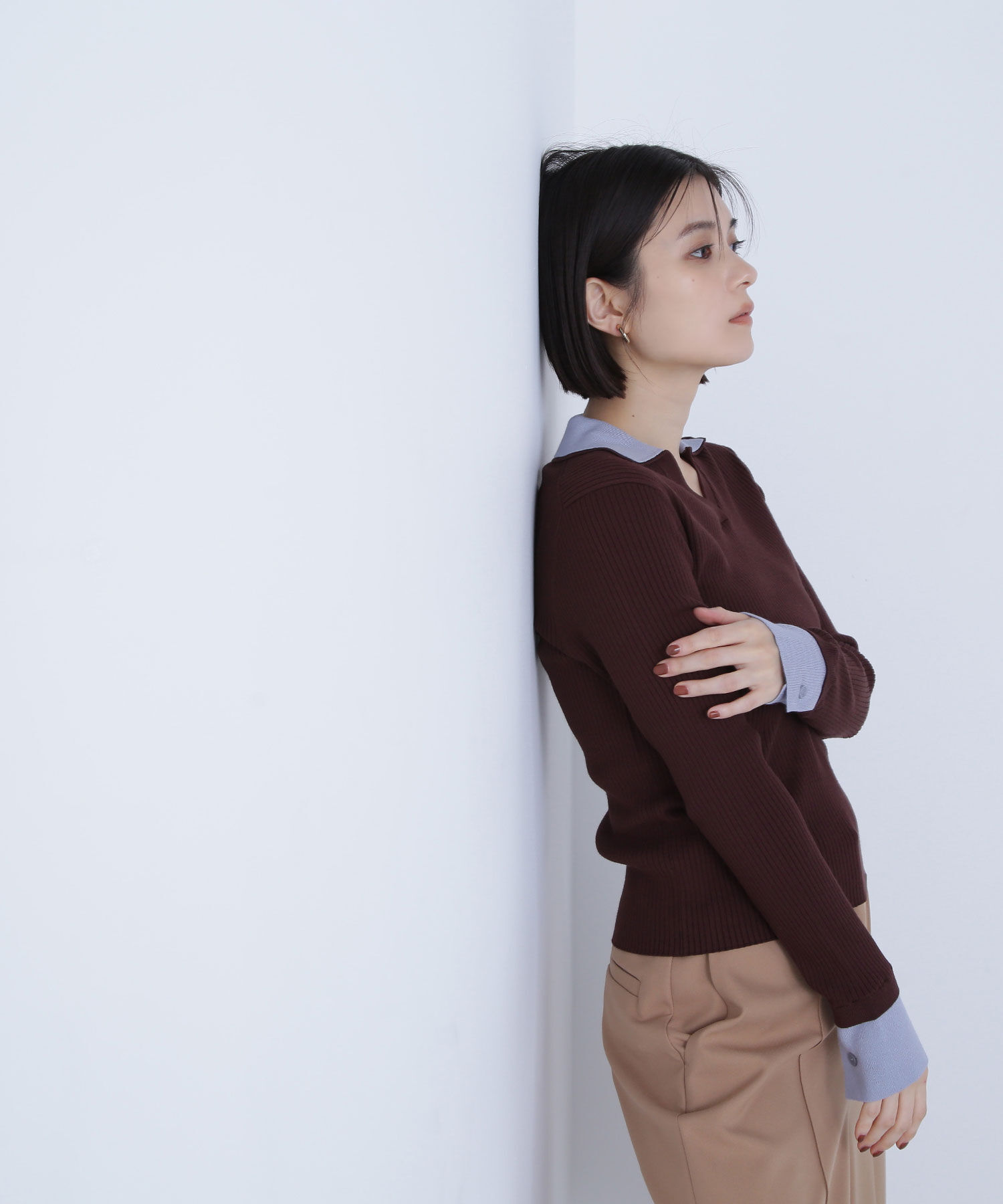  「ダブルカラーVネックリブニット」|ニット・セーター|