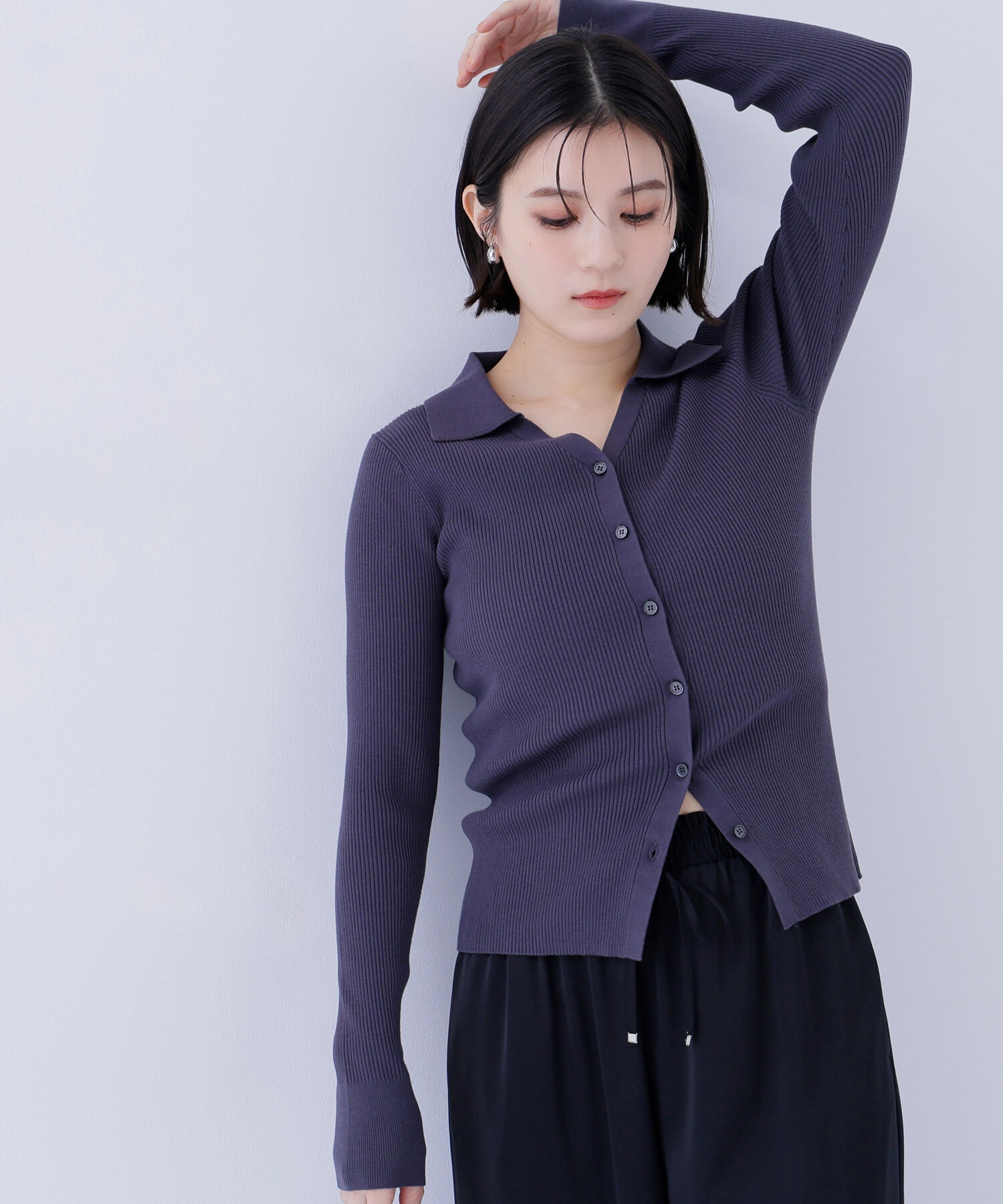  「襟付Vネックリブニット」|ニット・セーター|