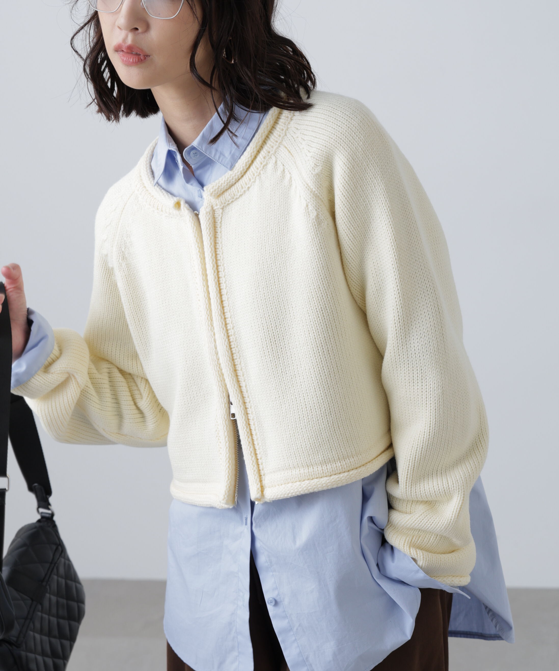  「ロールアップ短丈ジップカーディガン」|ニット・セーター|