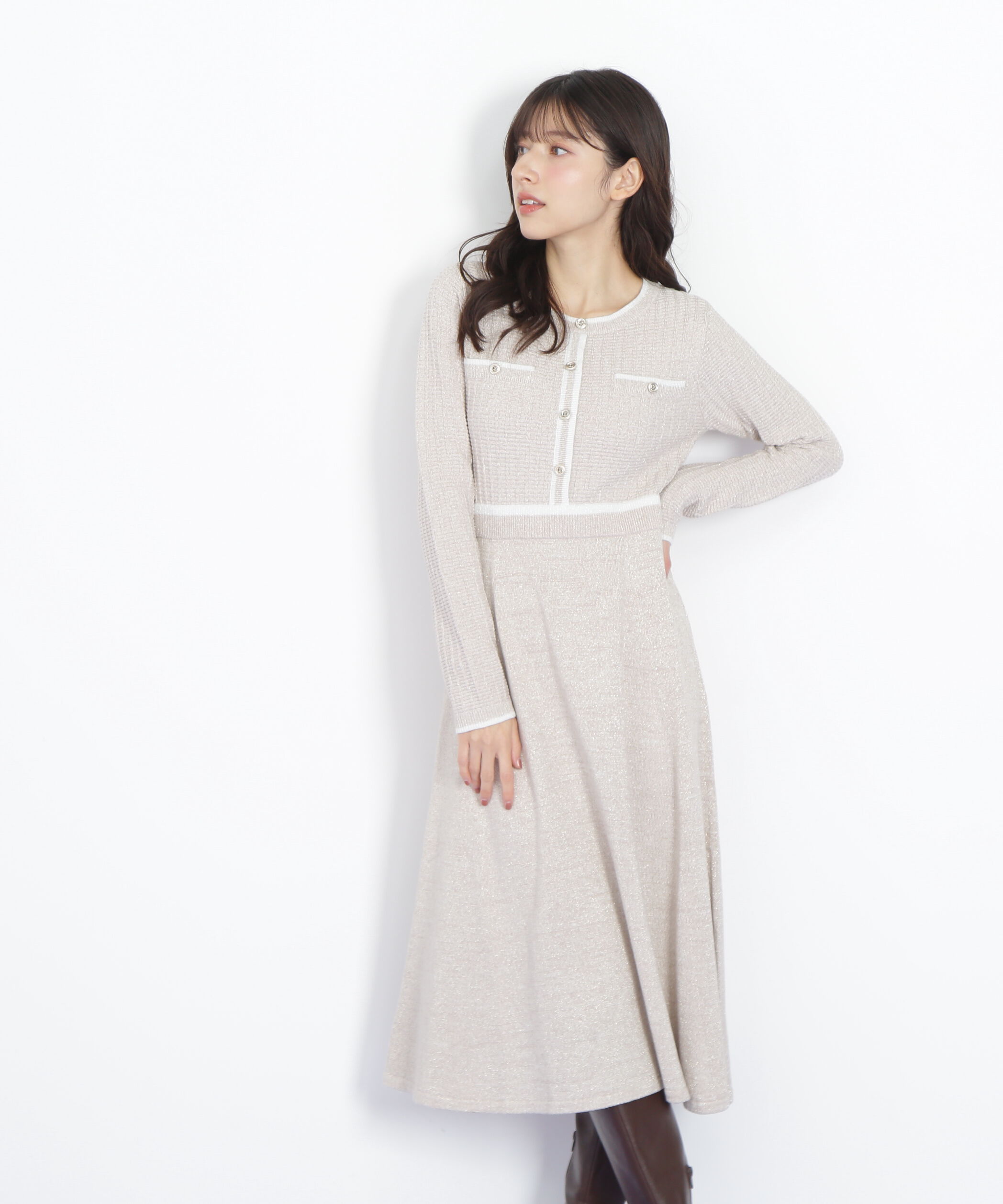  「ラメツイード配色ニットワンピース」|ワンピース|