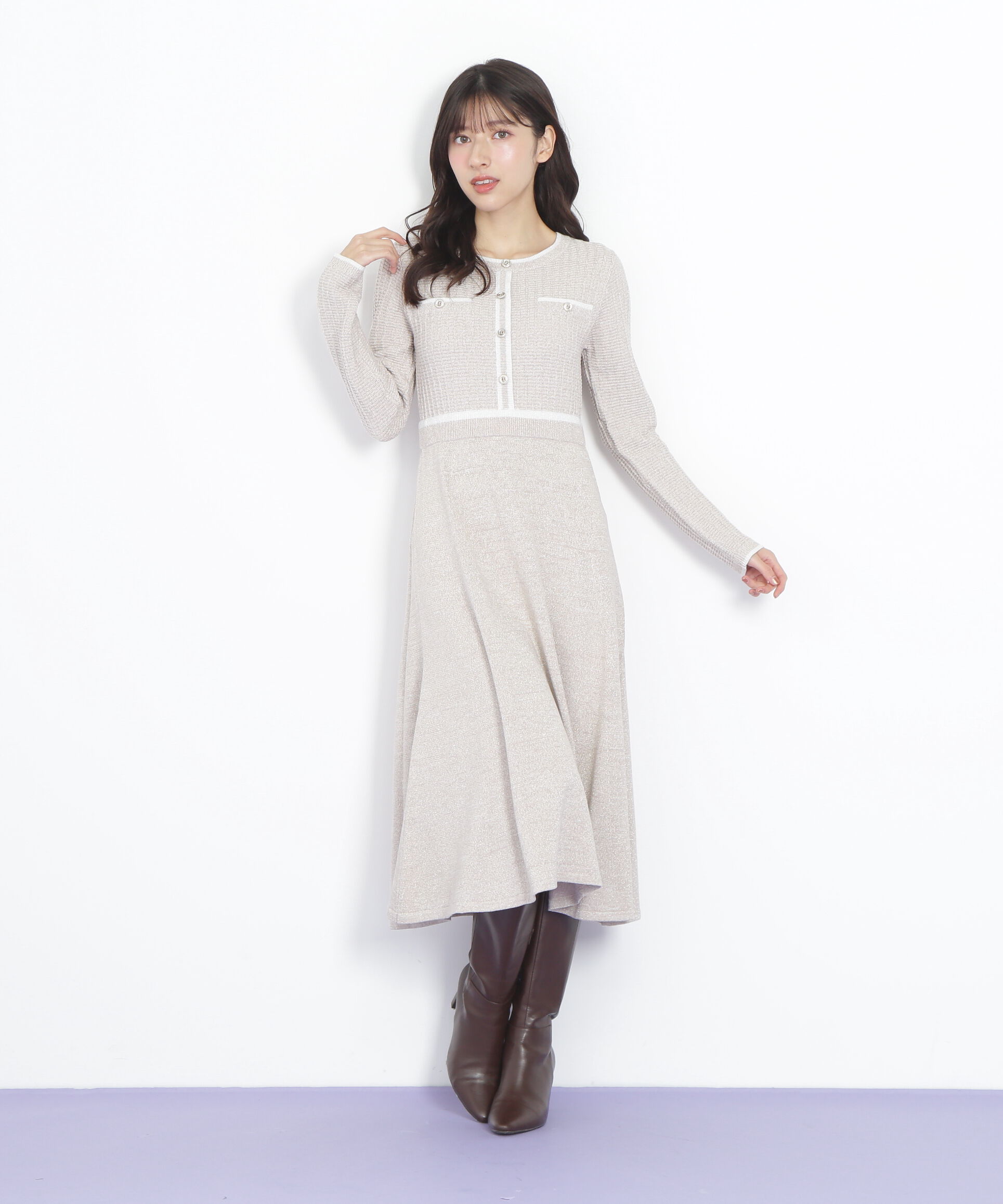  「ラメツイード配色ニットワンピース」|ワンピース|