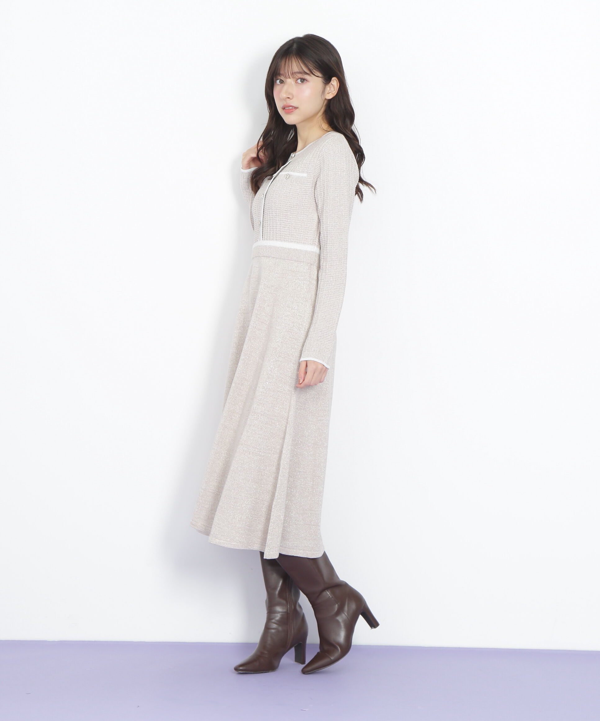  「ラメツイード配色ニットワンピース」|ワンピース|