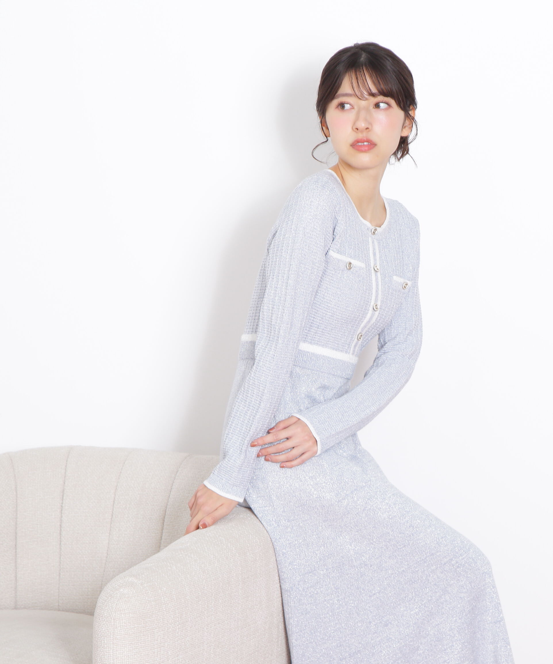  「ラメツイード配色ニットワンピース」|ワンピース|