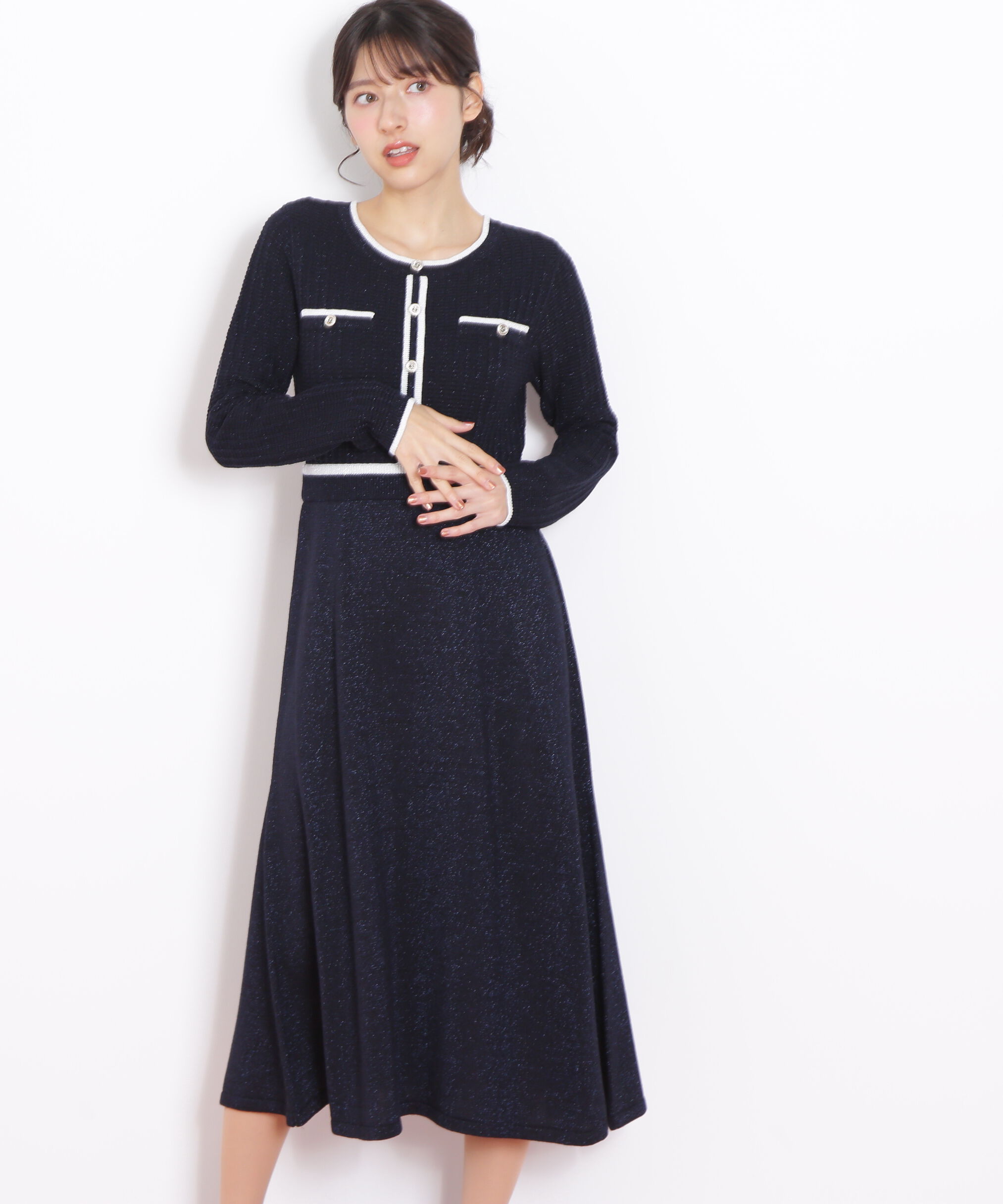  「ラメツイード配色ニットワンピース」|ワンピース|