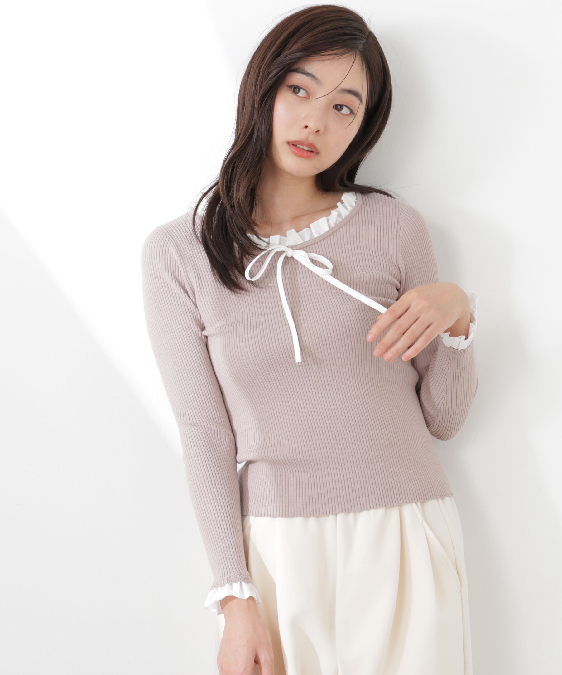 PROPORTION BODY DRESSING「リボン付きフリルニットトップス　26SS」|ニット・セーター|ピンク&times;ホワイ