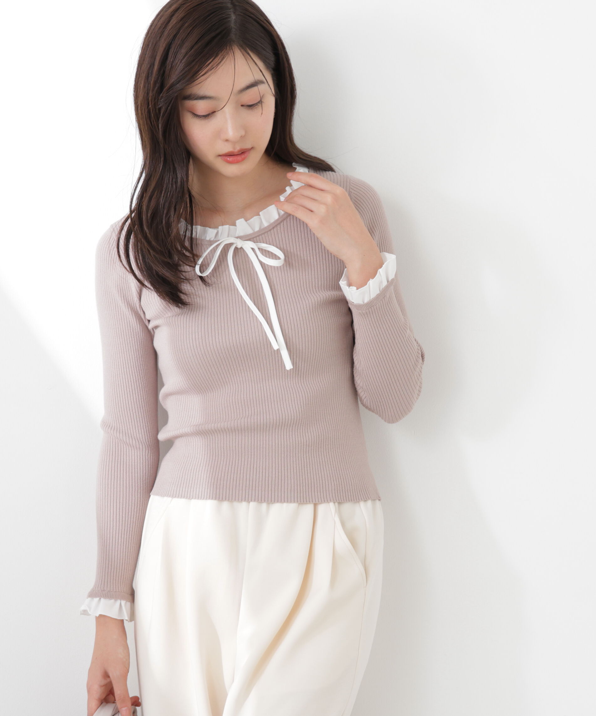 PROPORTION BODY DRESSING「リボン付きフリルニットトップス　26SS」|ニット・セーター|