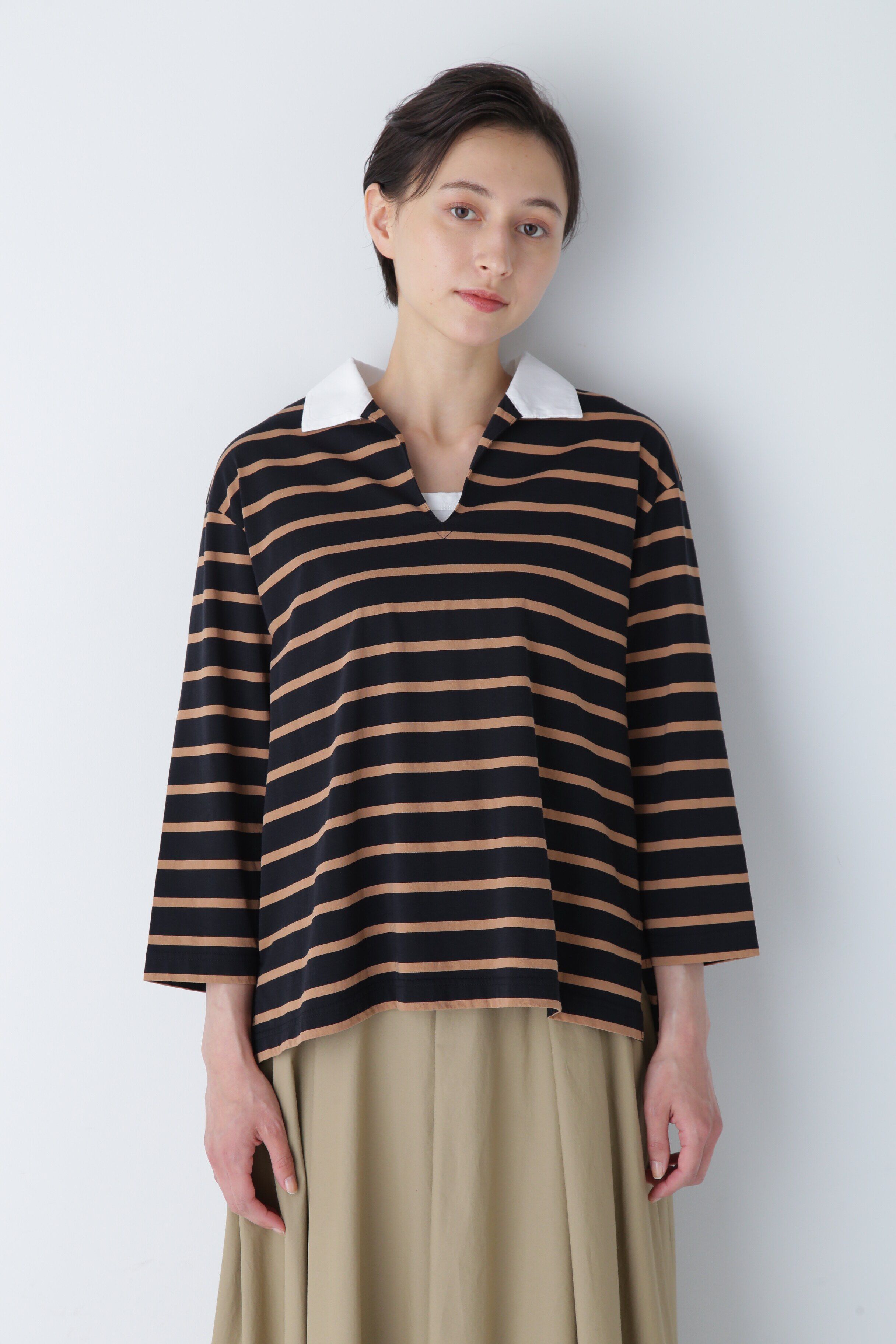  「◆ハイゲージボーダー襟付カットソー」|Tシャツ・カットソー|