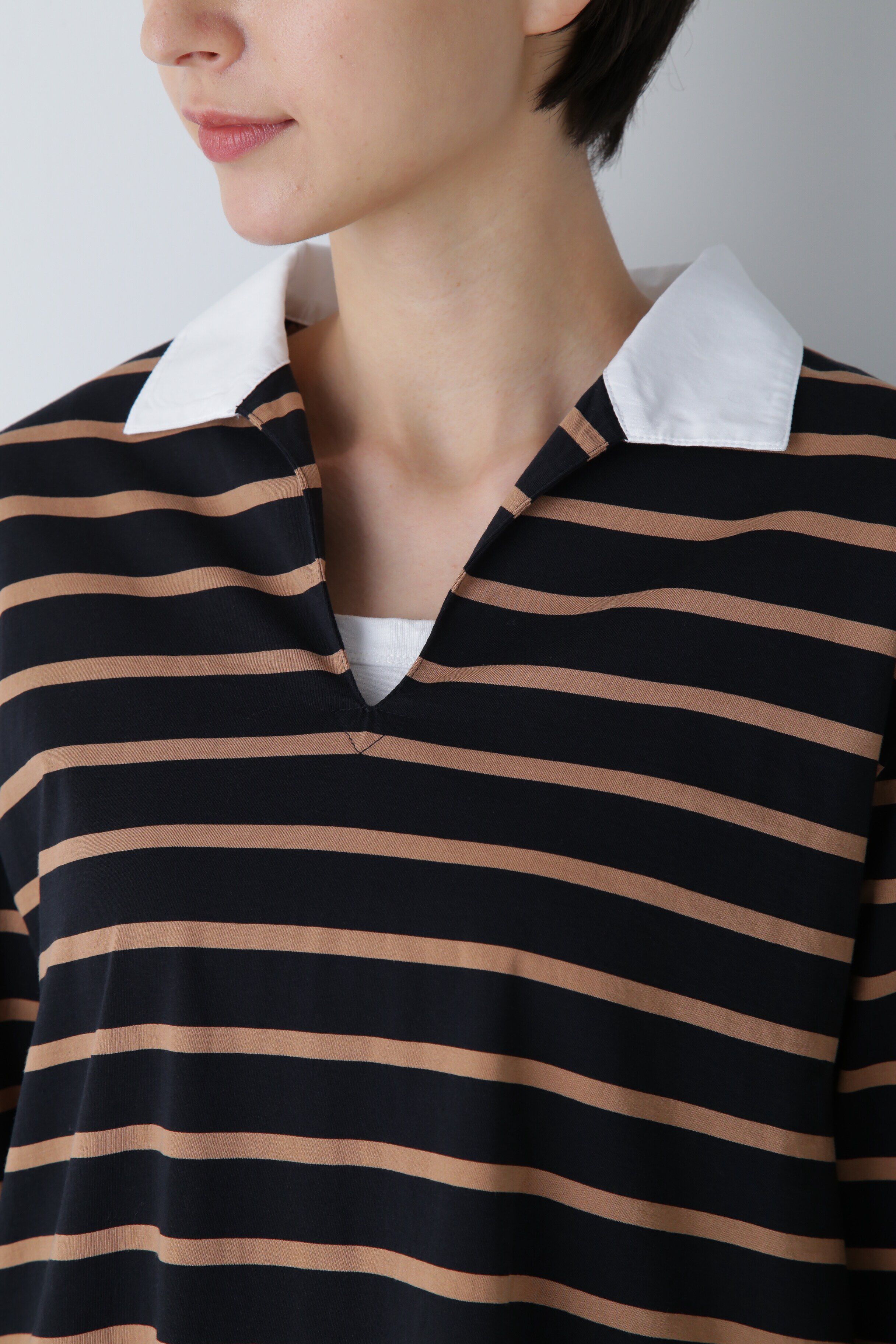  「◆ハイゲージボーダー襟付カットソー」|Tシャツ・カットソー|