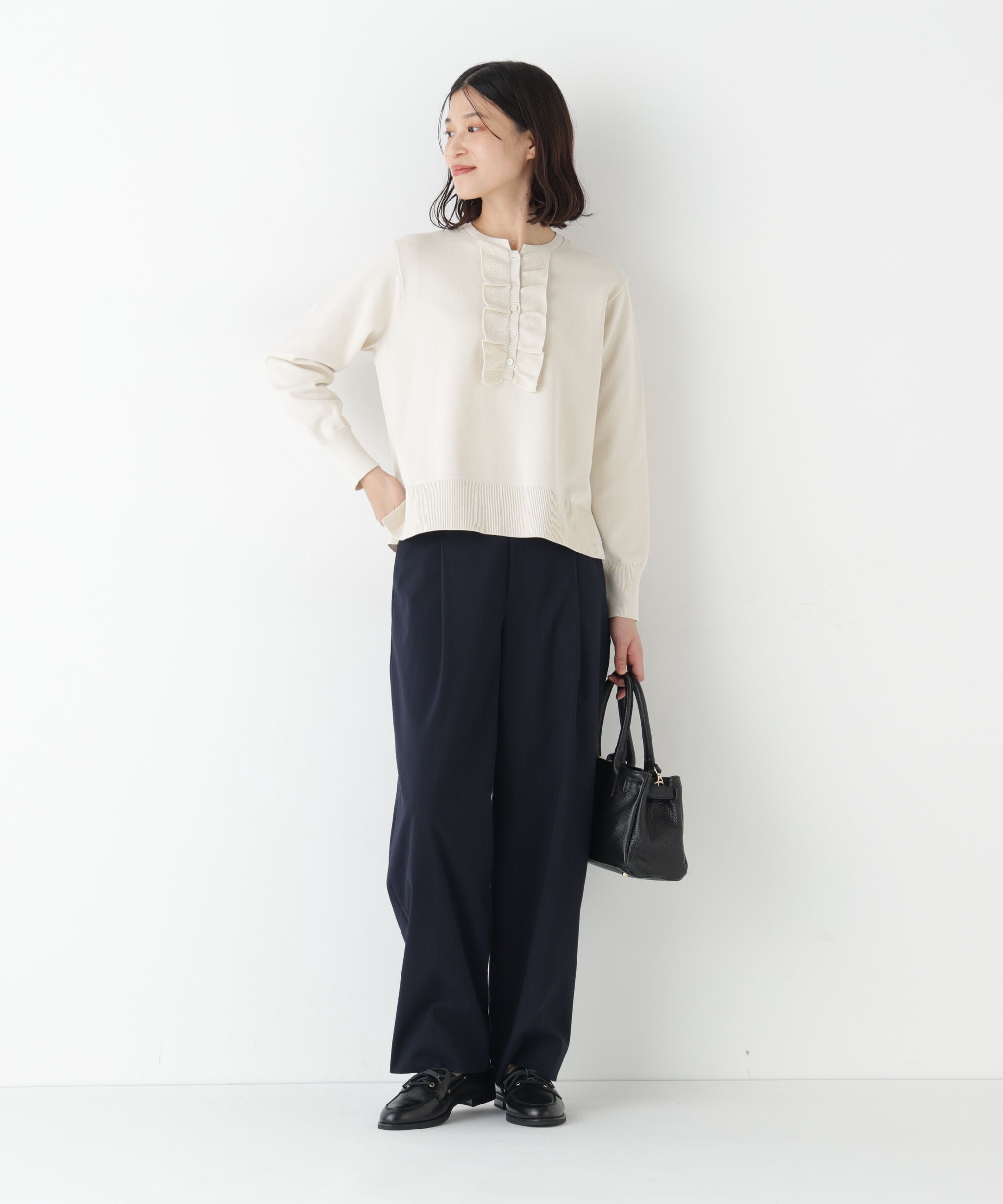  「◆オーガニックコットン混プレーティング前立フリルプルオーバー」|ニット・セーター|